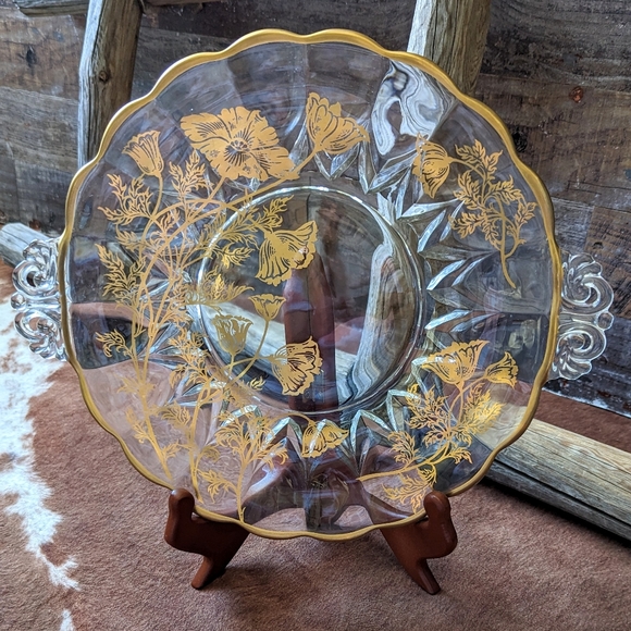 Vintage Gold Overlay Poppy Glass Platter With Clear Glass Handles - Picture 1 of 12